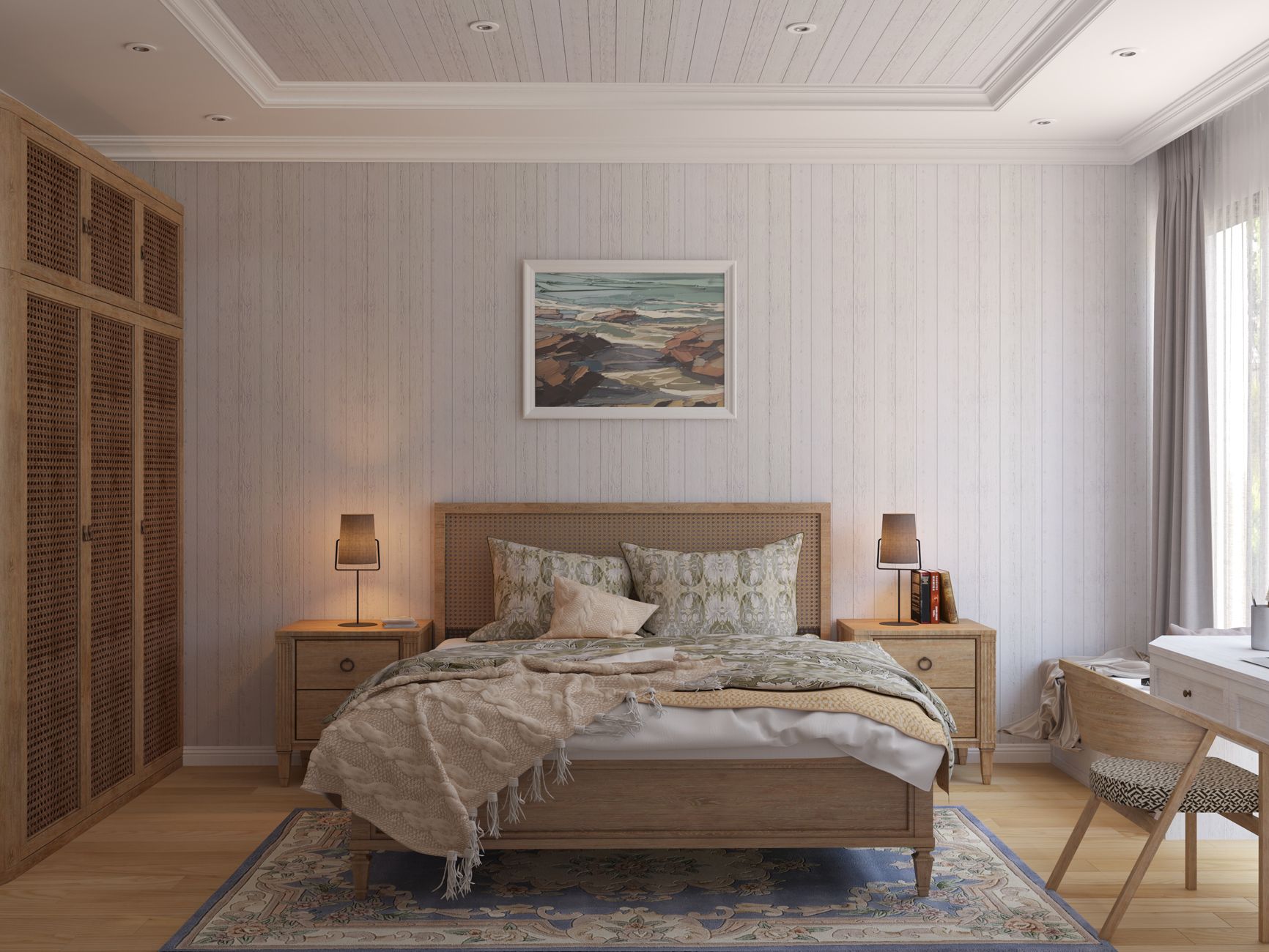 Boutique hotel bedroom with cane headboard, rattan wardrobe and timber floor